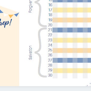 May include: A printable checklist for preparing for Eid. The checklist is divided into two sections: Salvation and Forgiveness. Each section has a list of numbered days from 16 to 30. The checklist is decorated with a festive banner and the text "Eid Prep!"
