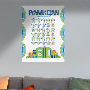 May include: A white printable Ramadan countdown calendar with blue, yellow, and green stars and gift boxes. The text "Ramadan Mubarak!" is at the top of the calendar and "countdown to Eid" is at the bottom.