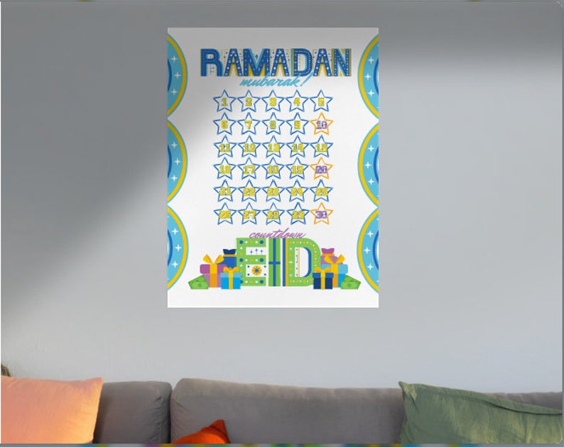 May include: A white printable Ramadan countdown calendar with blue, yellow, and green stars and gift boxes. The text "Ramadan Mubarak!" is at the top of the calendar and "countdown to Eid" is at the bottom.