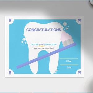 Certificado de primera visita dental / 1er examen dental / Dentista, higeinista dental, regalo de asistente dental / Premio pediátrico por la salud bucal imagen 1