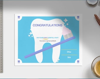 Certificat de première visite dentaire | 1er examen dentaire | Dentiste, hygeiniste dentaire, cadeau d’assistant dentaire | Prix pédiatrique pour la santé bucco-dentaire