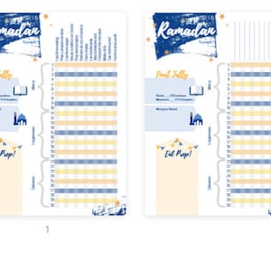May include: A printable Ramadan planner with a blue and yellow color scheme. The planner includes a section for tracking daily fasts, a section for Eid preparations, and a section for final tallies. The planner features a mosque and crescent moon design.