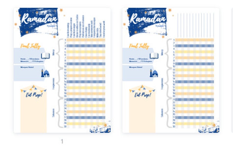 May include: A printable Ramadan planner with a blue and yellow color scheme. The planner includes a section for tracking daily fasts, a section for Eid preparations, and a section for final tallies. The planner features a mosque and crescent moon design.