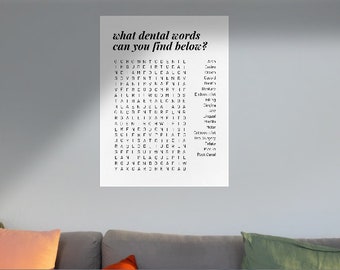 Cartel de búsqueda de palabras del consultorio dental / Regalo imprimible para dentista, higienista, asistente dental / Decoración de la sala de espera / Consultorio médico de arte de pared