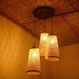 Honey comb Bamboo Lampshade conical shape Handmade Lantern Wicker Hanging Lamp Woven Ceiling Light Rattan Pendant Lamp shade image 1