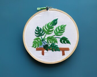 Monstera Plant Emboidery Hoop Art, Plant Mom Gift, Home Indoor garden wall hanging,  Houseplants Decor, Embroidered Monstera Deliciosa