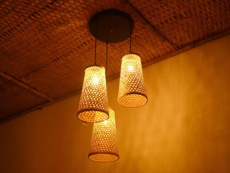 Honey comb Bamboo Lampshade conical shape Handmade Lantern Wicker Hanging Lamp Woven Ceiling Light Rattan Pendant Lamp shade image 5