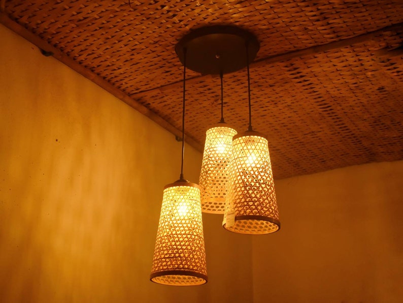 Honey comb Bamboo Lampshade conical shape Handmade Lantern Wicker Hanging Lamp Woven Ceiling Light Rattan Pendant Lamp shade image 1