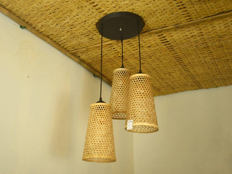 Honey comb Bamboo Lampshade conical shape Handmade Lantern Wicker Hanging Lamp Woven Ceiling Light Rattan Pendant Lamp shade image 2