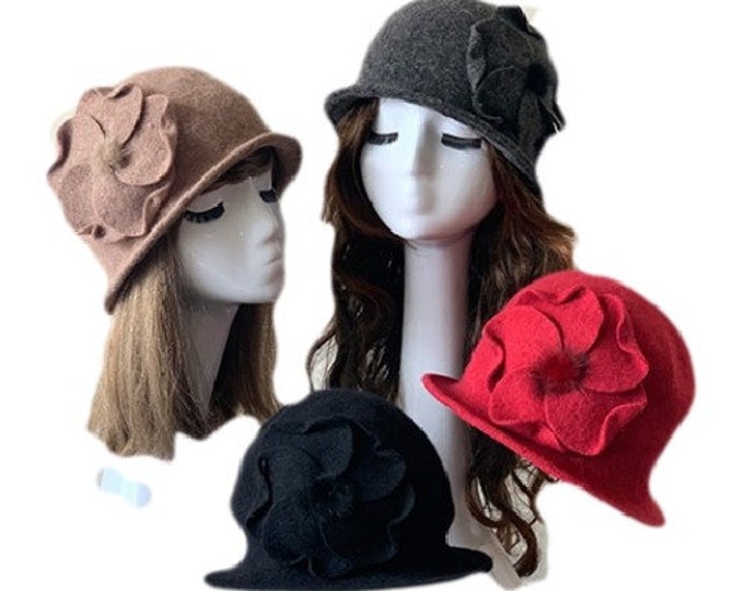 Chic Flowers Ladies 1920's Winter Wool Cap Bucket Church Hat