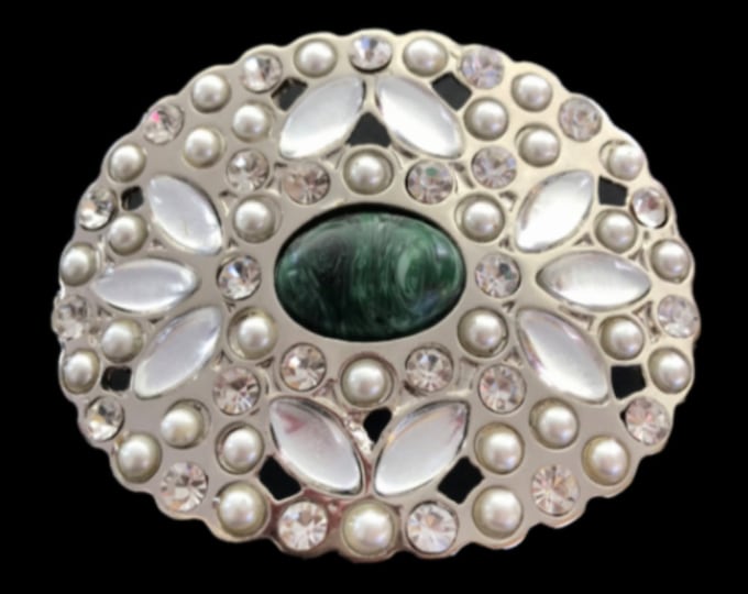 Rhinestone White Flower Green Stones Rhinestones Oval Belt Buckle Buckles