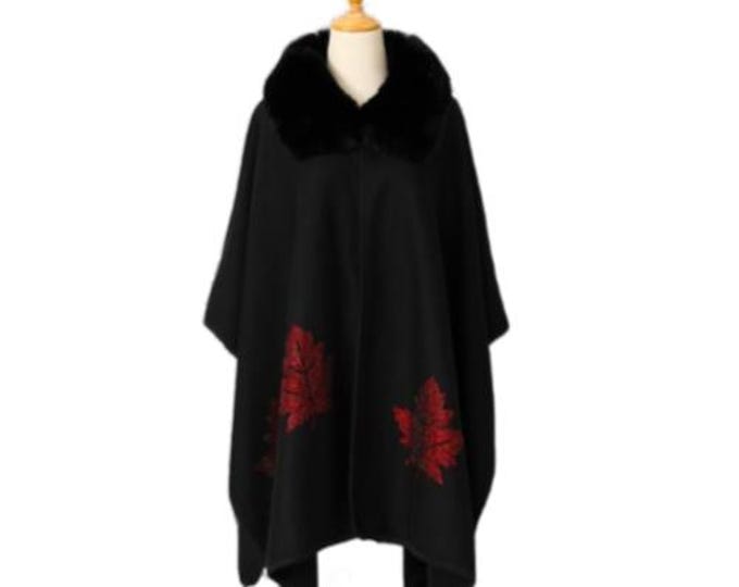 Women's Winter Poncho With Red Mapleleafs Canada Faux Fur Fashion