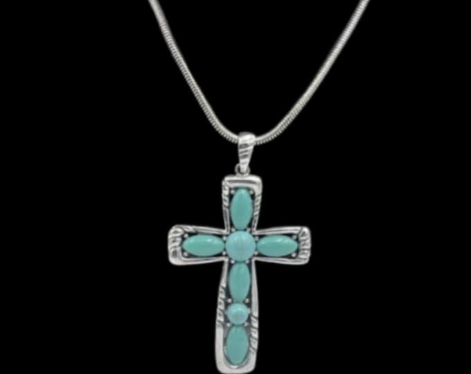 Embellished Faux Turquoise Cross with Long Necklace Unisex Jewelry