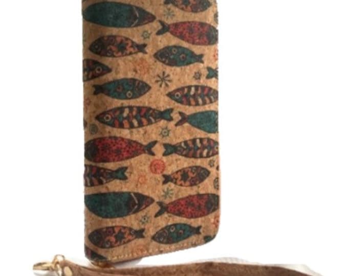 Women's Fashion Zipper Clutch Cork Wallet Fish Sardines Designs