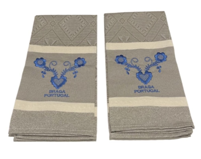 Embroidered Beige Braga Portugal Portuguese Souvenir Cotton Dish Towels Set 2