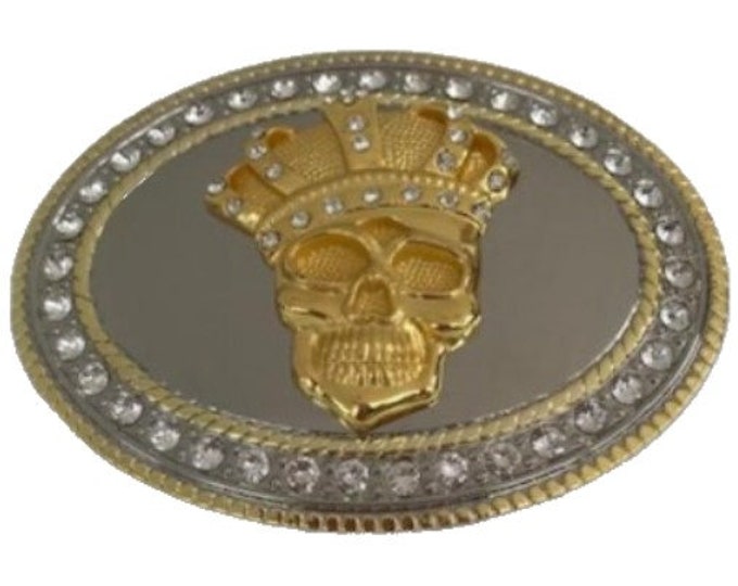 Bling Rhinestones King Skull Head Gold Chrome Belt Buckle Buckles