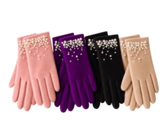 Elegant Women's Gloves with Pearl and Rhinestone Embellishments Winter Fashion