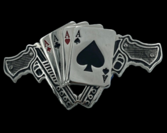 Country Western Saloon Poker Card Hand Chrome Gambling Gambler Belt Buckle