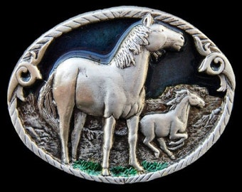 Western Wild Horse Pony Cowboy Rodeo Pewter Belt Buckle