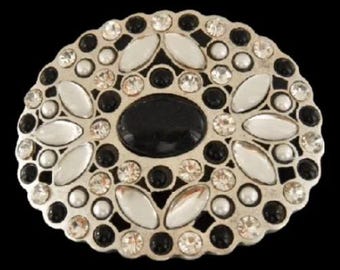 White Black Rhinestone Stone Flower Floral Belt Buckle Buckles