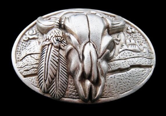 Men Silver Round Belt Buckle Fashion Skeleton Bull Skull Texas Long Horns Cow