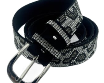Grey Diamante Shiny Bling Festive Women's Fashion Leopard Print Belt
