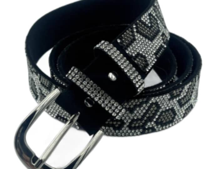 Grey Diamante Shiny Bling Festive Women's Fashion Leopard Print Belt