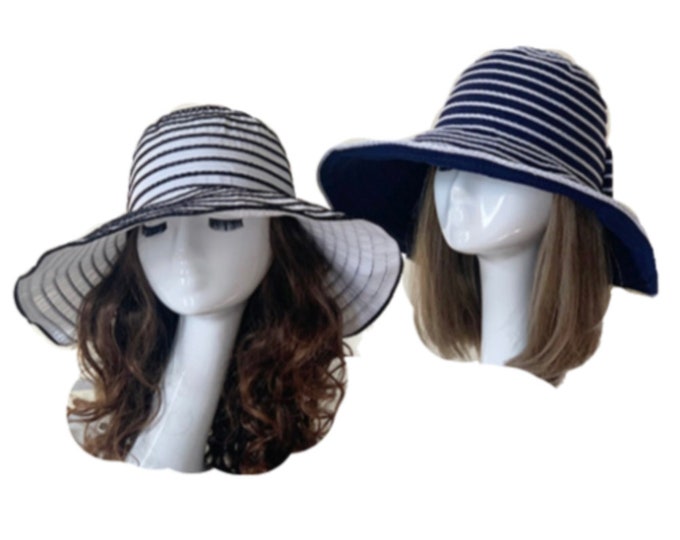 Women Fashion Wide Large Brim Hat Striped Reversible Hat Foldable Sun Bucket Cap