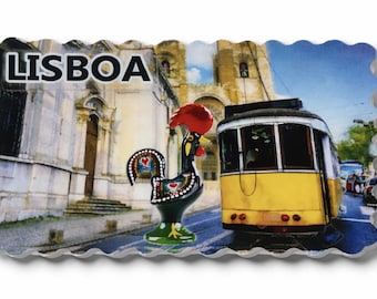 Portugal Lisboa Yellow Tram Galo de Barcelos Portuguese Tile Souvenir Magnet