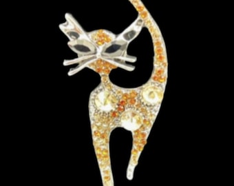 Orange Tabby Rhinestone Cat Kitty Fashion Brooch Pin