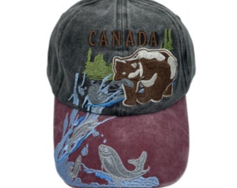 Canada Bear Fishing Embroidered Baseball Hat Cap Hats
