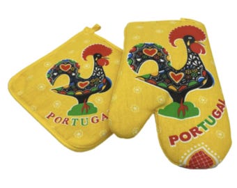 100% Cotton Galo de Barcelos Portuguese Portugal Oven Kitchen Glove Mitt Set