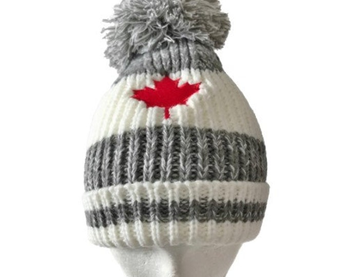 Grey White Stripes Canada Mapleleaf Fashion Ski Pom Pom Winter Beanie Hats