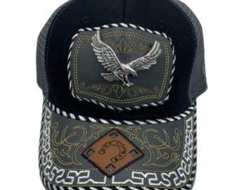 3D Eagle Embroidered Faux Leather Western Hat Unique Design Mesh Back