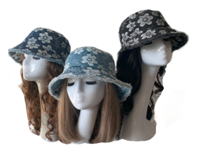 Retro Embroidered Flower Bucket Hats Women Washed Denim Fur Trim Fishman Hat