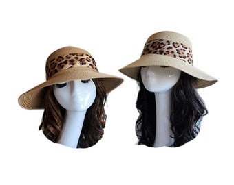 Women Packable Wide Brim Animal Print Ribbon Summer Casual Straw Sun Hat