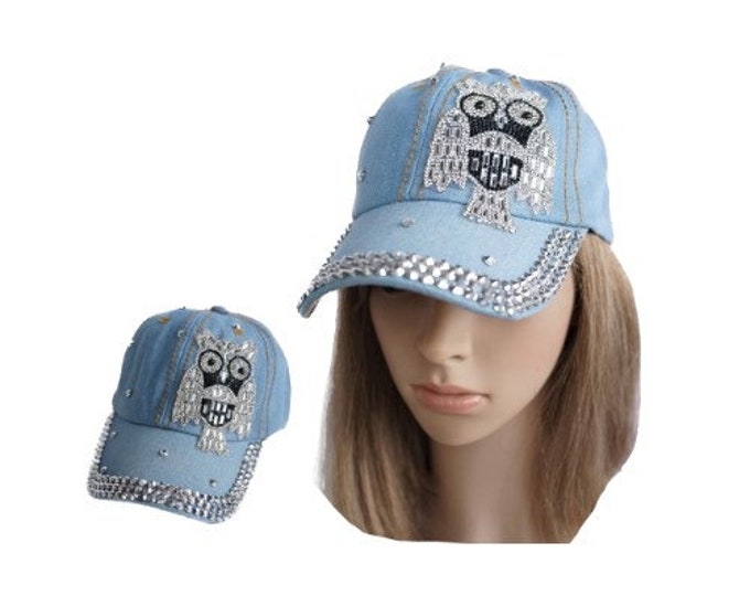 Rhinestone Owl Bling Denim Women's Baseball Cap Hat