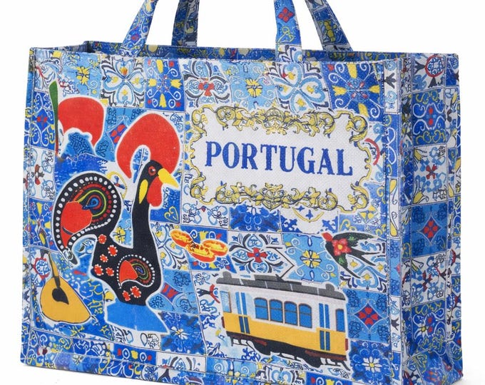 Large Portugal Souvenir Yellow Tram Galo De Barcelos Portuguese Tiles Tote