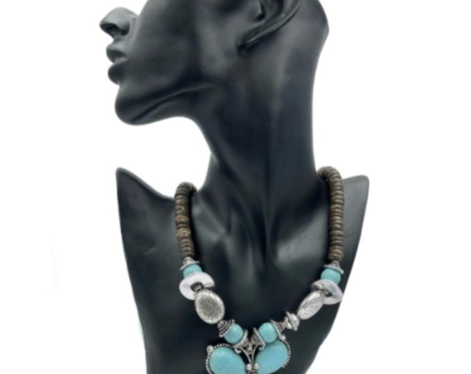 Turquoise Colored Stone Butterfly Wood Beaded Necklace Fashion Jewelry
