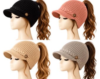 BeanieTail Soft Stretch Cable Knit Messy High Bun Ponytail Beanie Visor Hat