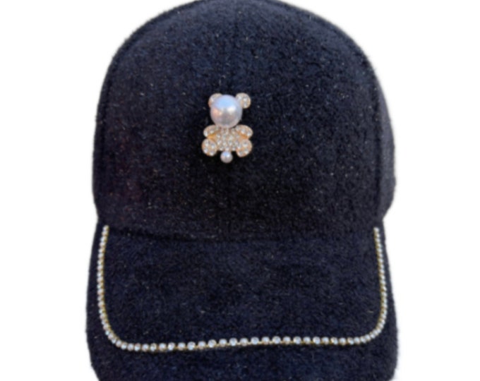 Black Women's Bling Hat Rhinestones Glitter Faux Pearls Gummy Bear Cap