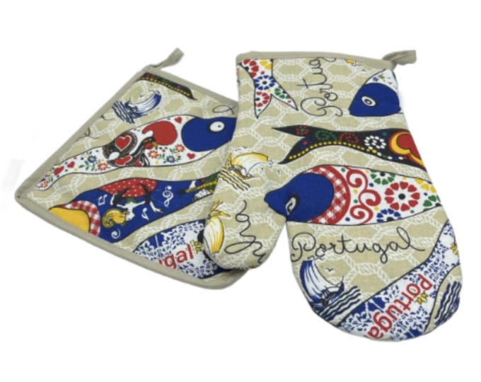 100% Cotton Traditional Portuguese Sardines Symbols Oven Kitchen Mitt Set of 2