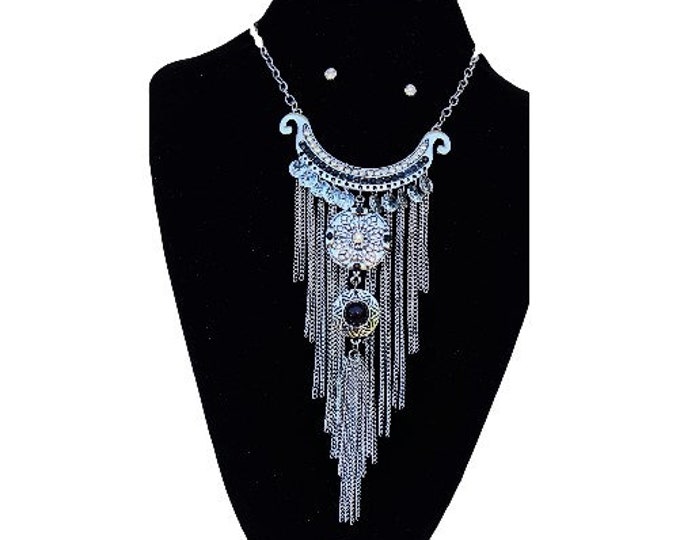 Silver Plated Alloy Black Beads Tassle Fringe Fashion Necklace Earrings Set