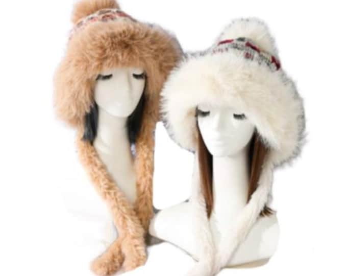 Knit Faux Fur Beanie Hat Ear Flaps Cap Russian Trapper Hat Warm Winter Hats