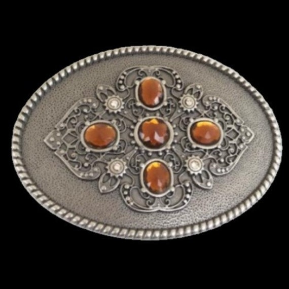 Belt Buckle Amber Color Stones Floral Cross Women display picture 1