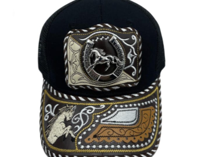 3D Horseshoe Embroidered Faux Leather Western Hat Unique Design Mesh Back