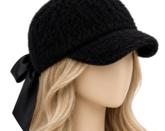 Black Fuzzy Baseball Cap with Satin Bow Women’s Soft Textured Hat Chic Casual