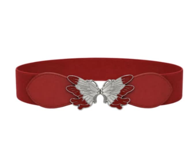 Women's Red Fashion Butterfly Belt Buckle Elastic Waistband Decorative Belts