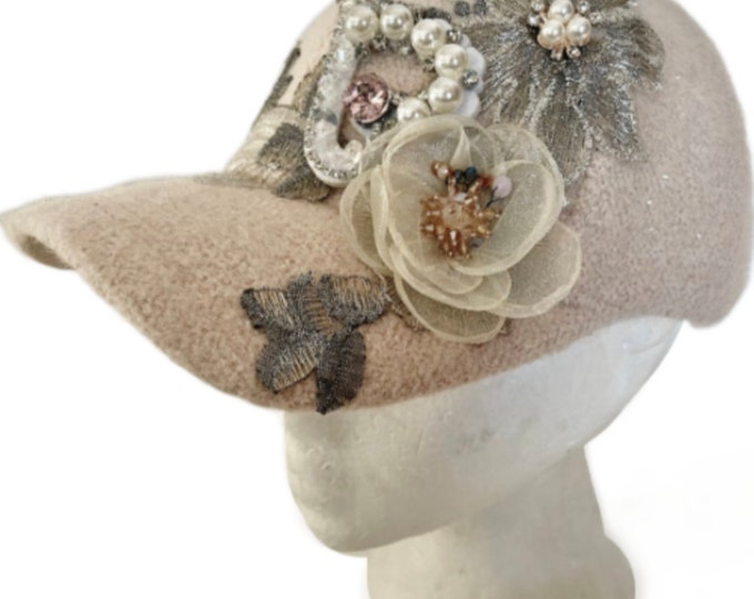 Women's Bling Hat Rhinestones Embellished Floral Faux Pearls Adjustable Cap