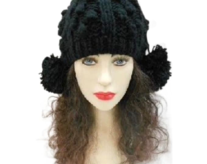 Black Two Pom Pom Knitted Ladies Fashion Ski Winter Hat Beanie